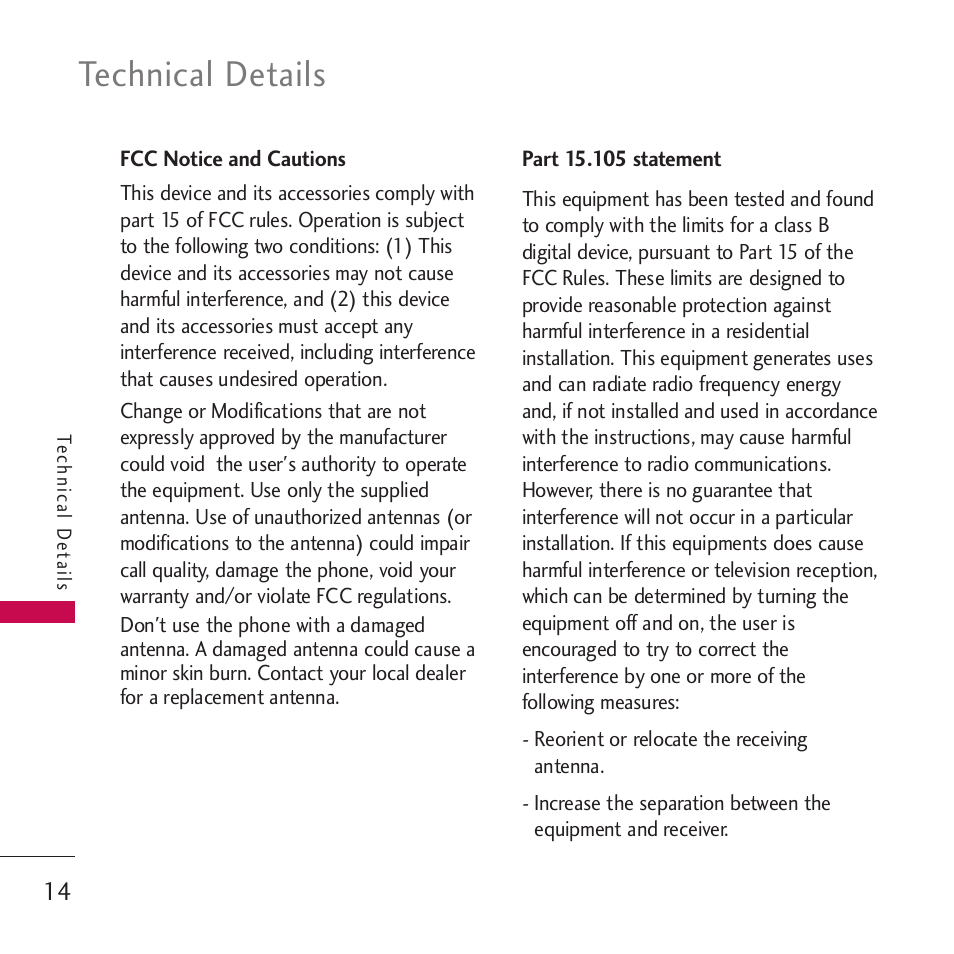 Fcc notice and cautions, Part 15.105 statement, Technical details | LG VM265 User Manual | Page 16 / 205