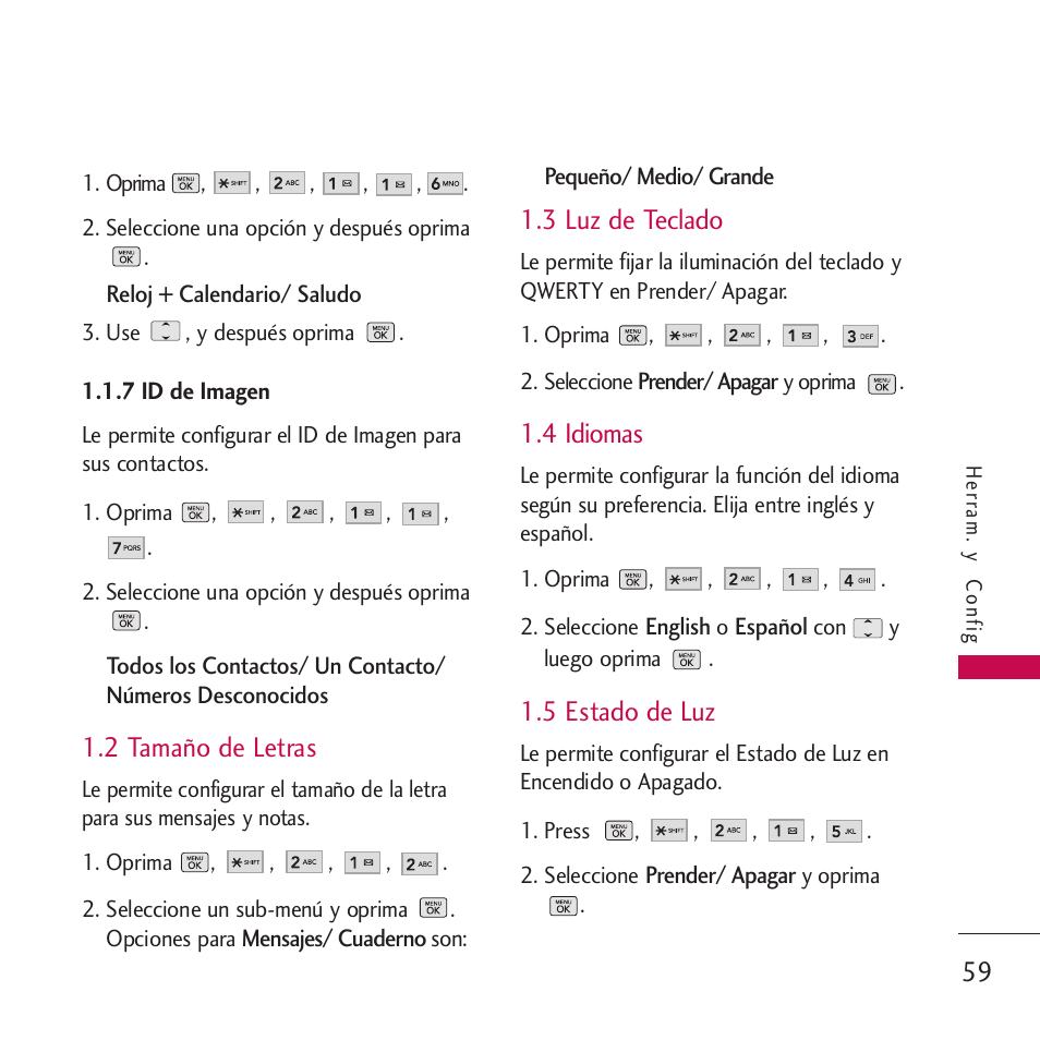 7 id de imagen, 2 tamaño de letras, 3 luz de teclado | 4 idiomas, 5 estado de luz | LG VM265 User Manual | Page 161 / 205
