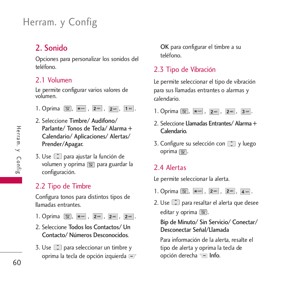 Sonido, 1 volumen, 2 tipo de timbre | 3 tipo de vibración, 4 alertas, Herram. y config | LG VM265 User Manual | Page 162 / 205