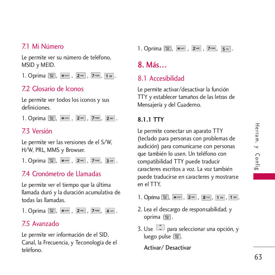 1 mi número, 2 glosario de iconos, 3 versión | 4 cronómetro de llamadas, 5 avanzado, 1 accesibilidad, 1 tty | LG VM265 User Manual | Page 165 / 205