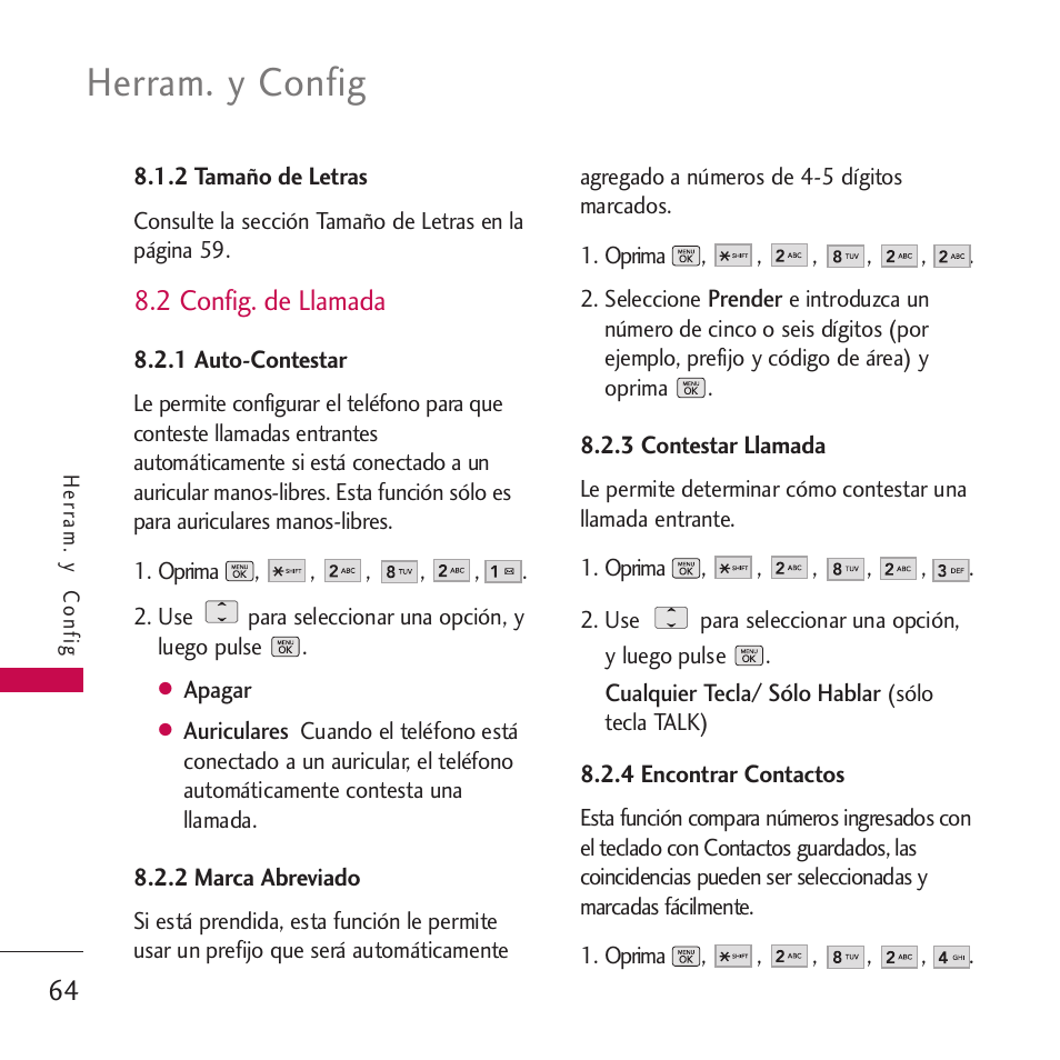 2 tamaño de letras, 2 config. de llamada, 1 auto-contestar | 2 marca abreviado, 3 contestar llamada, 4 encontrar contactos, Herram. y config | LG VM265 User Manual | Page 166 / 205