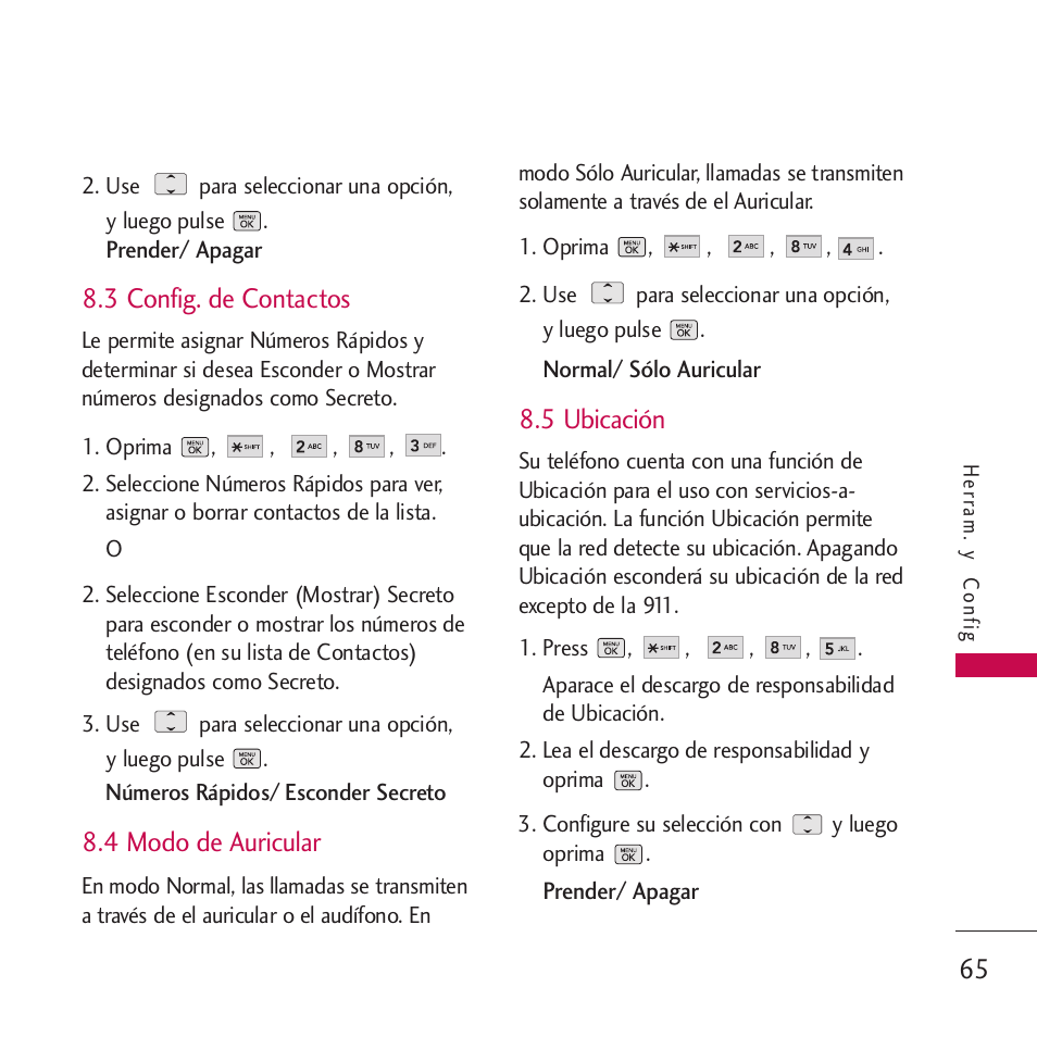 3 config. de contactos, 4 modo de auricular, 5 ubicación | LG VM265 User Manual | Page 167 / 205