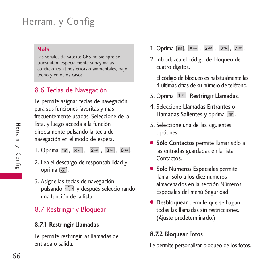 6 teclas de navegación, 7 restringir y bloquear, 1 restringir llamadas | 2 bloquear fotos, Herram. y config | LG VM265 User Manual | Page 168 / 205