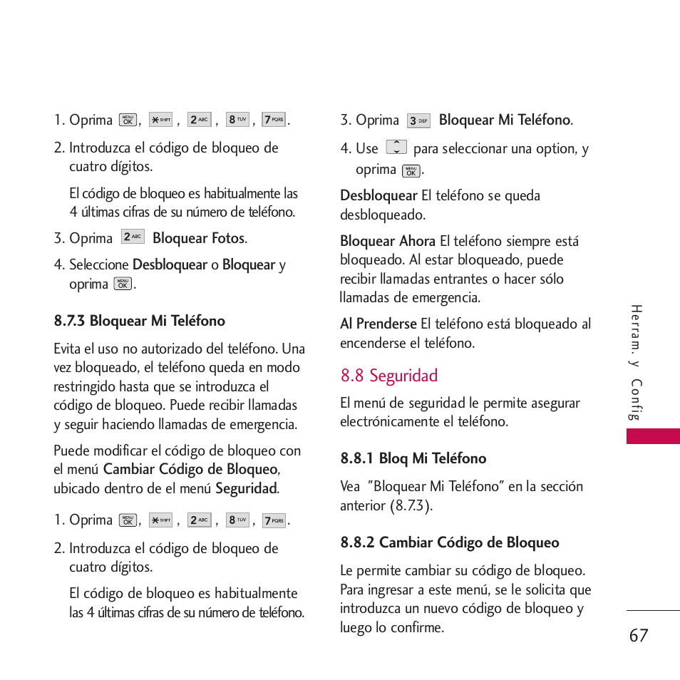3 bloquear mi teléfono, 8 seguridad, 1 bloq mi teléfono | 2 cambiar código de bloqueo | LG VM265 User Manual | Page 169 / 205