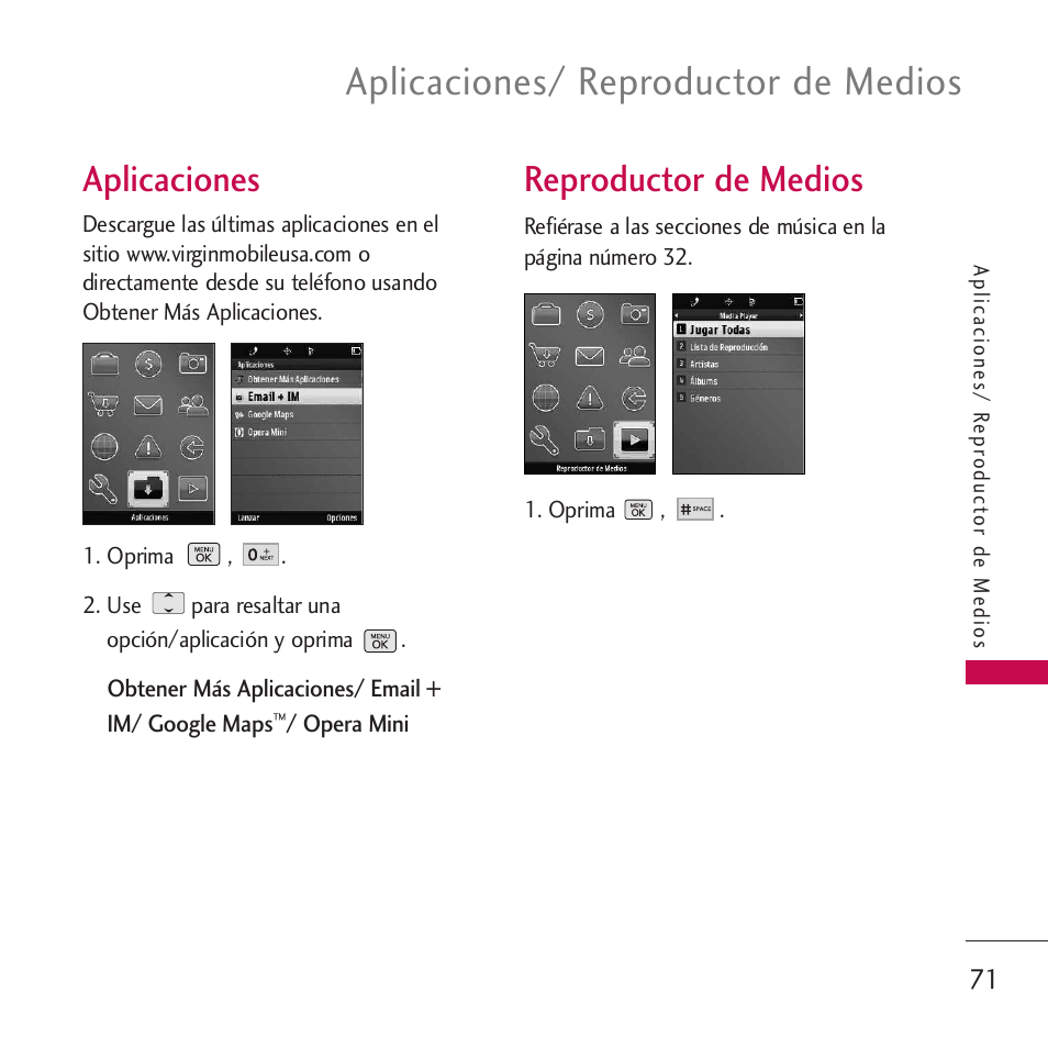 Aplicaciones, Reproductor de medios, Aplicaciones/ reproductor de medios | LG VM265 User Manual | Page 173 / 205