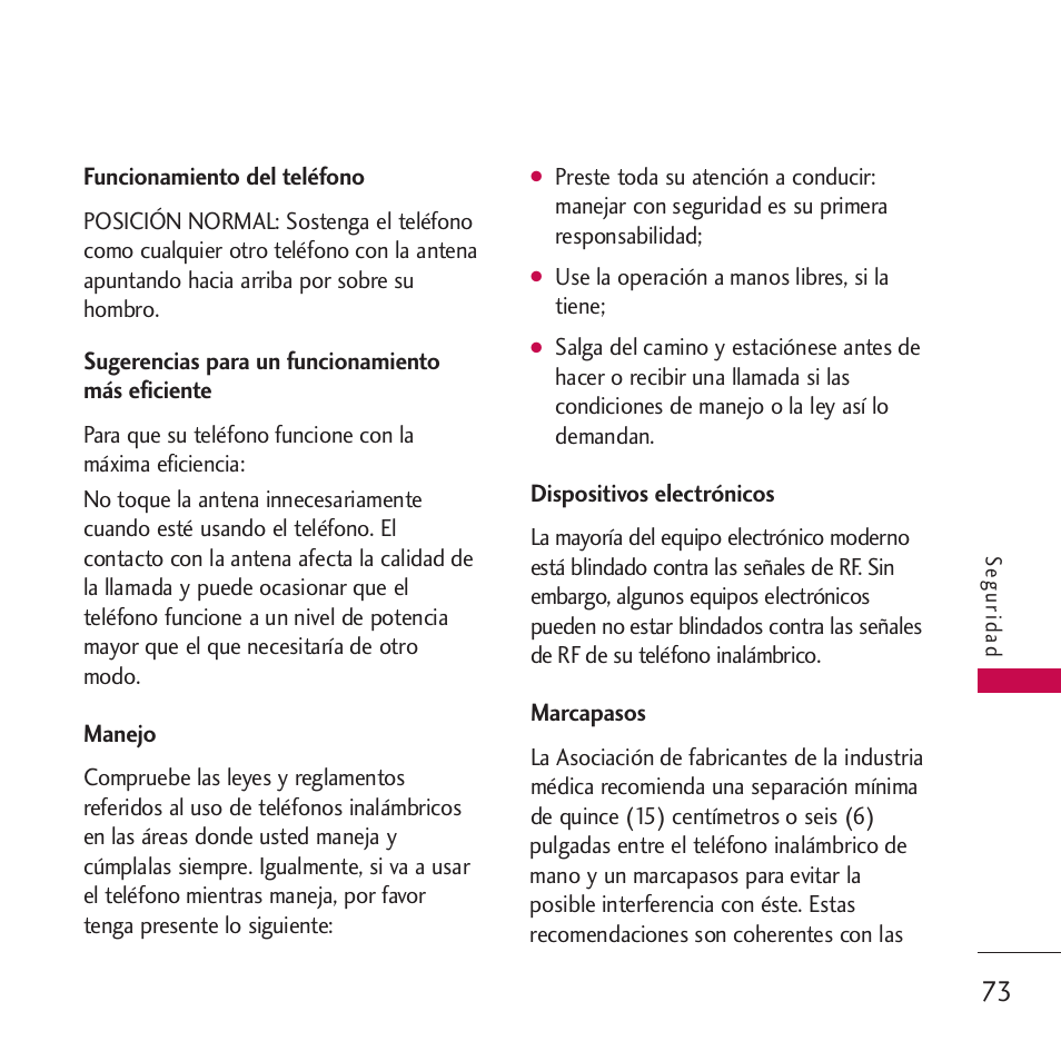 Funcionamiento del teléfono, Sugerencias para un funciona, Manejo | Dispositivos electrónicos, Marcapasos, Sugerencias para un funcionamiento más eficiente | LG VM265 User Manual | Page 175 / 205