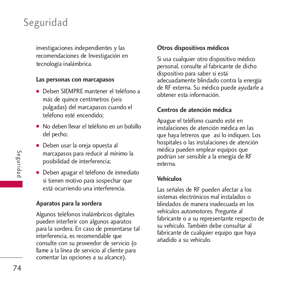Las personas con marcapasos, Aparatos para la sordera, Otros dispositivos médicos | Centros de atención médica, Vehículos, Seguridad | LG VM265 User Manual | Page 176 / 205