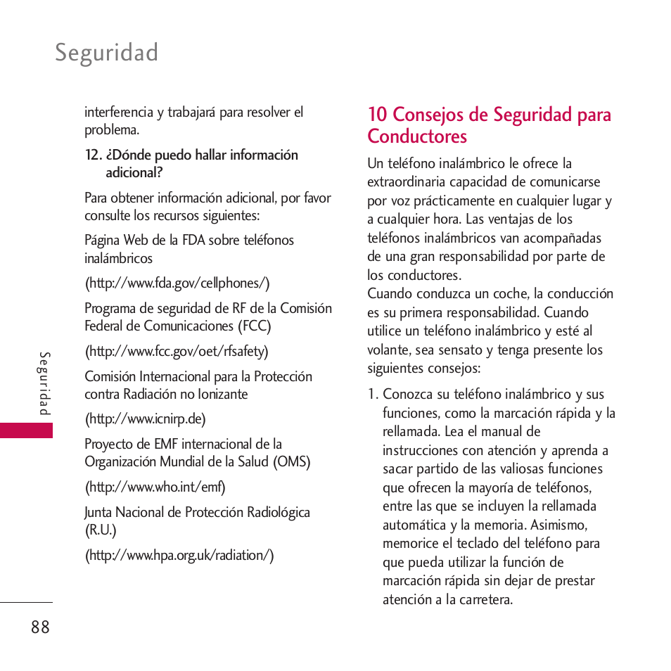 10 consejos de seguridad par, 10 consejos de seguridad para conductores, Seguridad | LG VM265 User Manual | Page 190 / 205