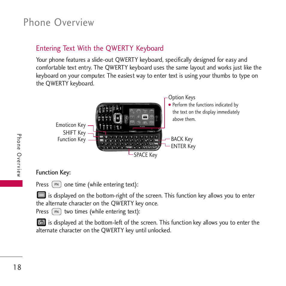 Entering text with the qwert, Entering text with the qwerty keyboard 18, Phone overview | Entering text with the qwerty keyboard | LG VM265 User Manual | Page 20 / 205