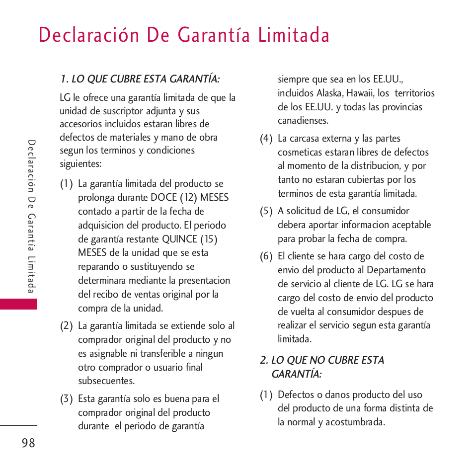 Declaración de garantía limi, Declaración de garantía limitada 98, Declaración de garantía limitada | LG VM265 User Manual | Page 200 / 205