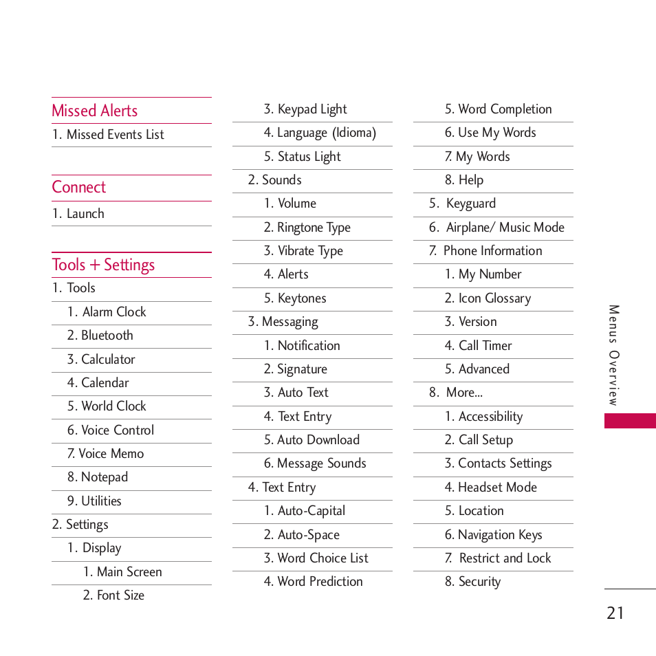 Missed alerts, Connect, Tools + settings | LG VM265 User Manual | Page 23 / 205