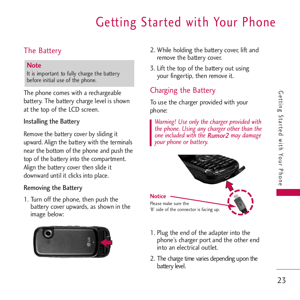 Getting started with your phone, The battery, Installing the battery | Removing the battery, Charging the battery, Getting started with your phone 23 | LG VM265 User Manual | Page 25 / 205