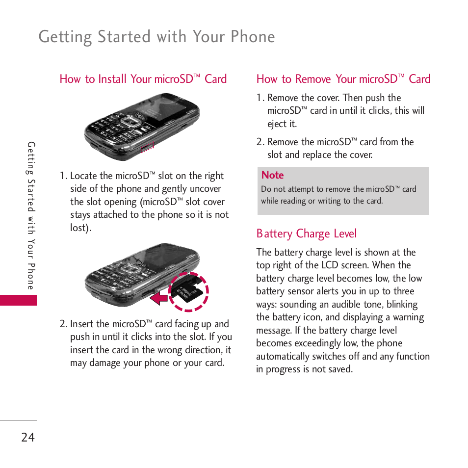 How to install your microsd, How to remove your microsd, Battery charge level | Card, Getting started with your phone, 24 how to install your microsd | LG VM265 User Manual | Page 26 / 205