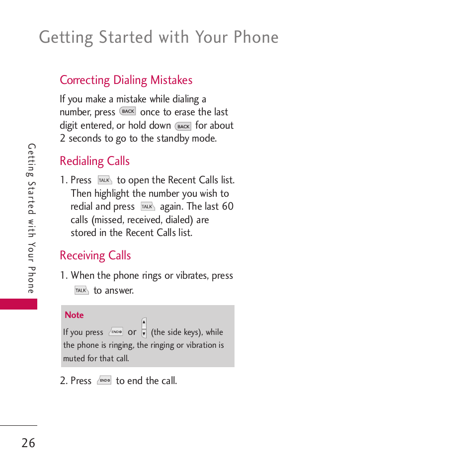 Correcting dialing mistakes, Redialing calls, Receiving calls | Getting started with your phone | LG VM265 User Manual | Page 28 / 205