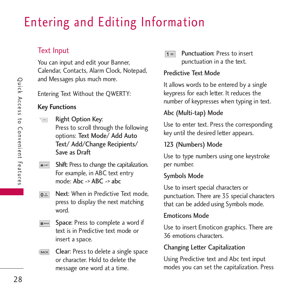 Entering and editing informa, Text input, Key functions | Entering and editing information 28, Entering and editing information | LG VM265 User Manual | Page 30 / 205