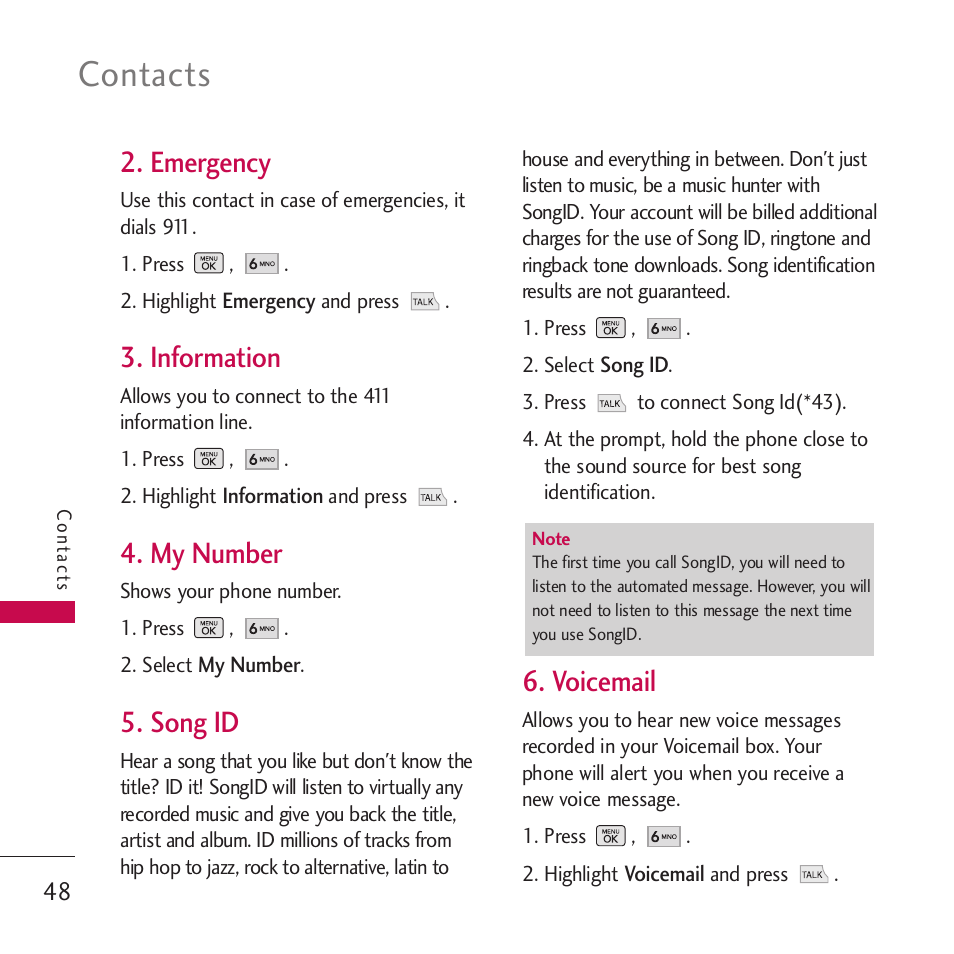 Emergency, Information, My number | Song id, Voicemail, Contacts | LG VM265 User Manual | Page 50 / 205