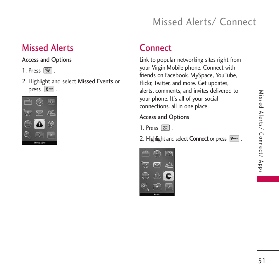 Missed alerts, Connect, Missed alerts/ connect | LG VM265 User Manual | Page 53 / 205