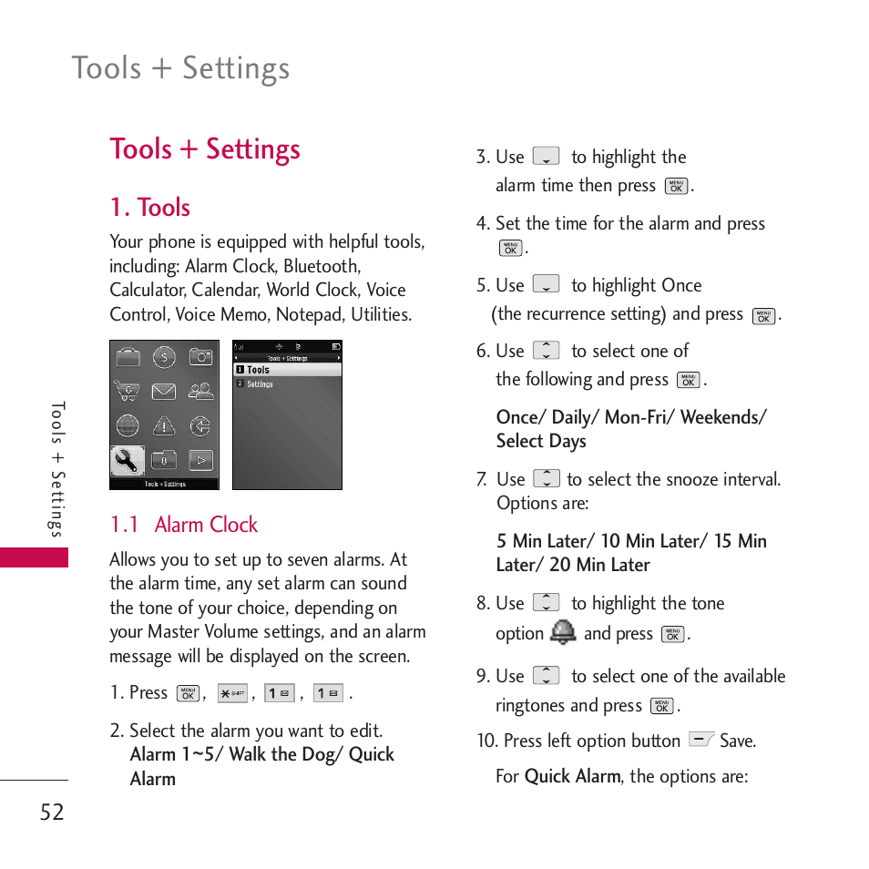 Tools + settings, Tools, 1 alarm clock | LG VM265 User Manual | Page 54 / 205