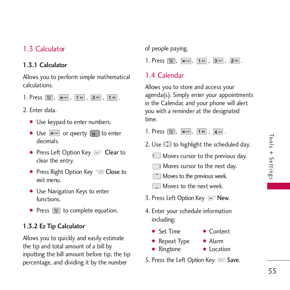 3 calculator, 1 calculator, 2 ez tip calculator | 4 calendar | LG VM265 User Manual | Page 57 / 205