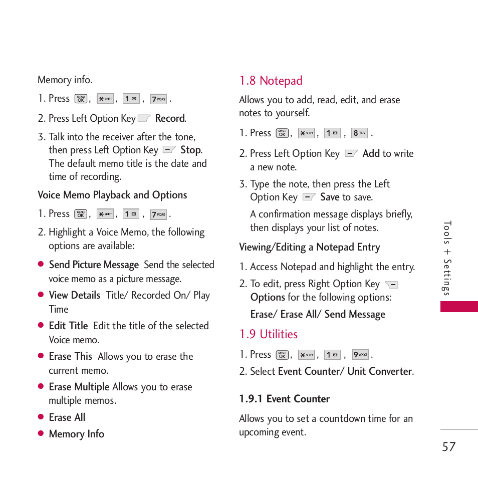 8 notepad, 9 utilities, 1 event counter | LG VM265 User Manual | Page 59 / 205
