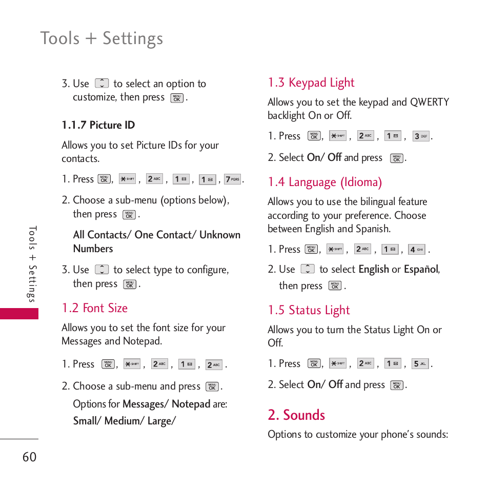 7 picture id, 2 font size, 3 keypad light | 4 language (idioma), 5 status light, Sounds, Tools + settings | LG VM265 User Manual | Page 62 / 205