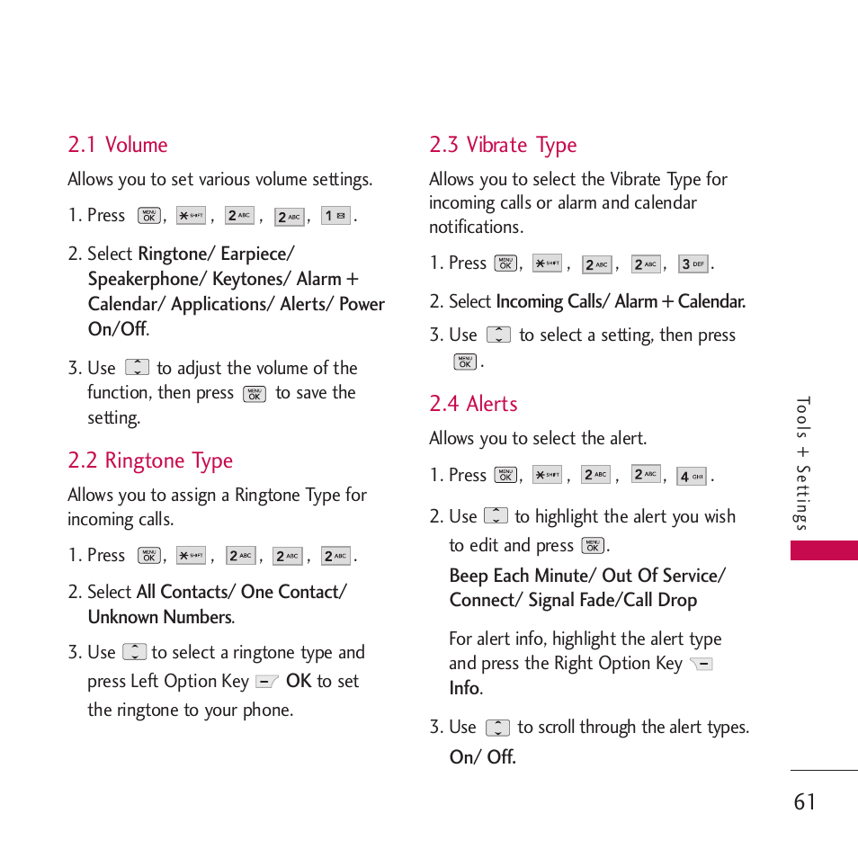 1 volume, 2 ringtone type, 3 vibrate type | 4 alerts | LG VM265 User Manual | Page 63 / 205