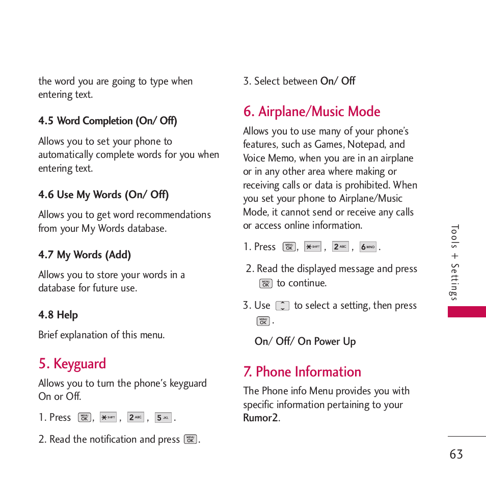 5 word completion (on/ off), 6 use my words (on/ off), 7 my words (add) | 8 help, Keyguard, Airplane/music mode, Phone information | LG VM265 User Manual | Page 65 / 205