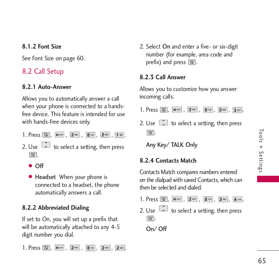 2 font size, 2 call setup, 1 auto-answer | 2 abbreviated dialing, 3 call answer, 4 contacts match | LG VM265 User Manual | Page 67 / 205