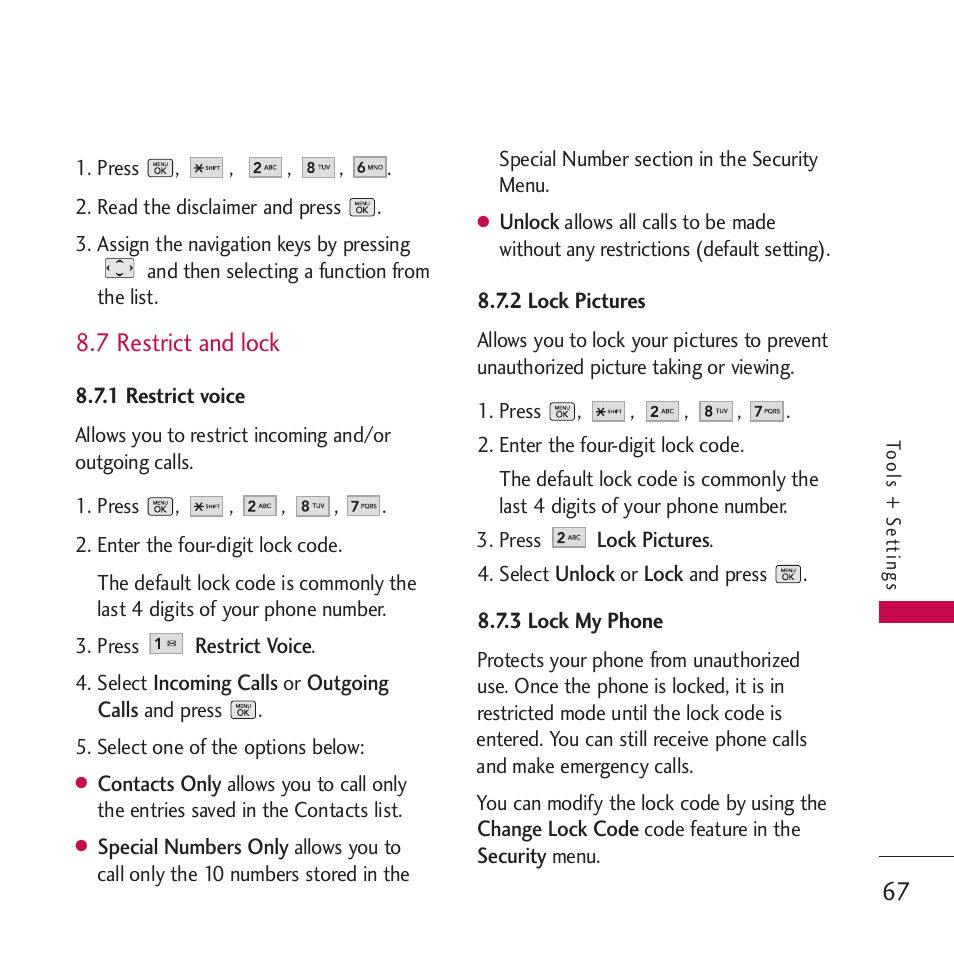 7 restrict and lock, 1 restrict voice, 2 lock pictures | 3 lock my phone | LG VM265 User Manual | Page 69 / 205