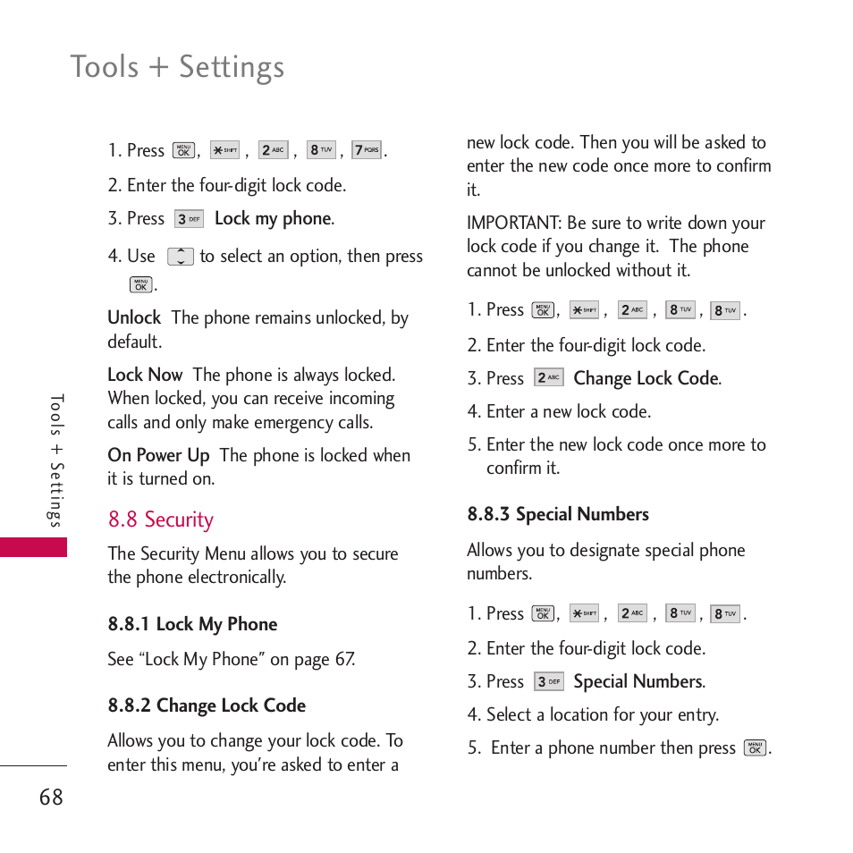 8 security, 1 lock my phone, 2 change lock code | 3 special numbers, Tools + settings | LG VM265 User Manual | Page 70 / 205
