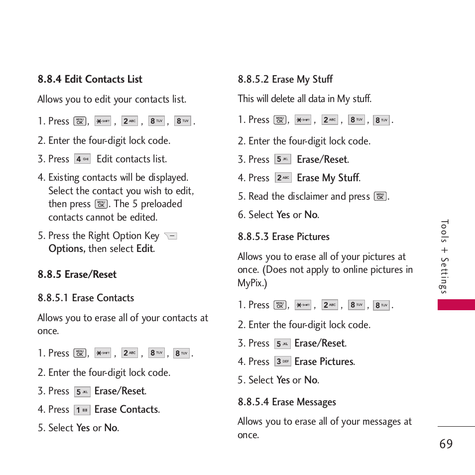 4 edit contacts list, 5 erase/reset | LG VM265 User Manual | Page 71 / 205
