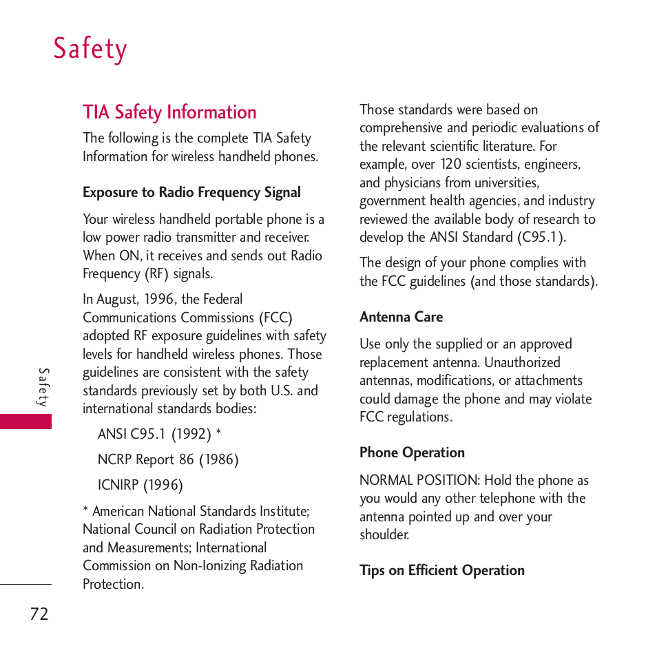 Safety, Tia safety information, Exposure to radio frequency | Antenna care, Phone operation, Tips on efficient operation, Exposure to radio frequency signal | LG VM265 User Manual | Page 74 / 205