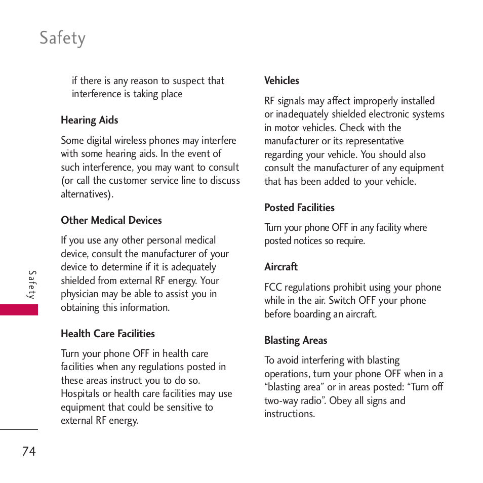 Hearing aids, Other medical devices, Health care facilities | Vehicles, Posted facilities, Aircraft, Blasting areas, Safety | LG VM265 User Manual | Page 76 / 205