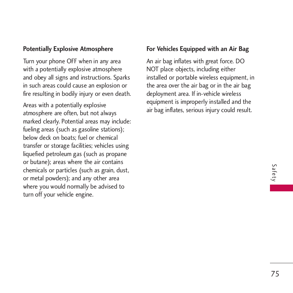 Potentially explosive atmosp, For vehicles equipped with a, Potentially explosive atmosphere | For vehicles equipped with an air bag | LG VM265 User Manual | Page 77 / 205