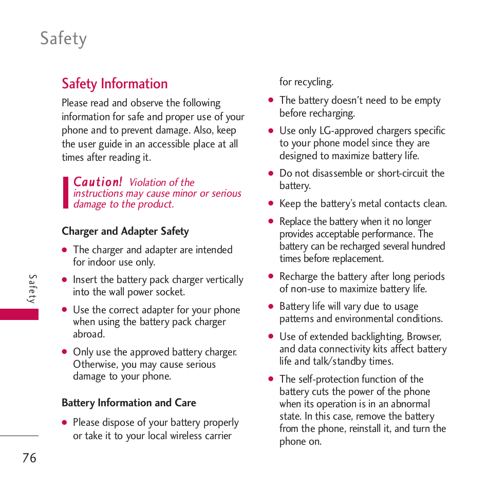 Safety information, Charger and adapter safety, Battery information and care | Safety, Ccaauuttiioonn | LG VM265 User Manual | Page 78 / 205