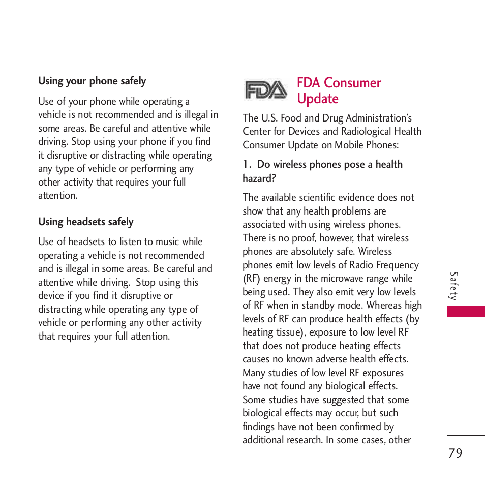Using your phone safely, Using headsets safely, Fda consumer update | LG VM265 User Manual | Page 81 / 205