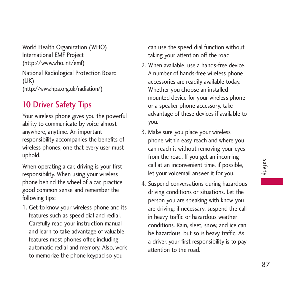 10 driver safety tips | LG VM265 User Manual | Page 89 / 205