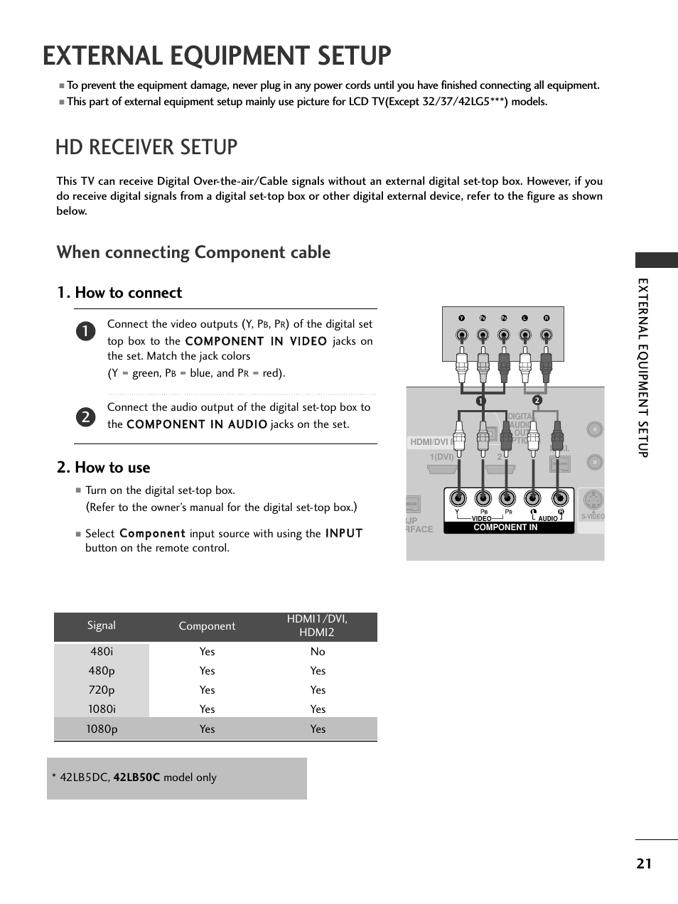 External equipment setup, Hd receiver setup, When connecting component cable | How to connect, How to use, External eq uipment setup | LG 37LG500H User Manual | Page 23 / 91