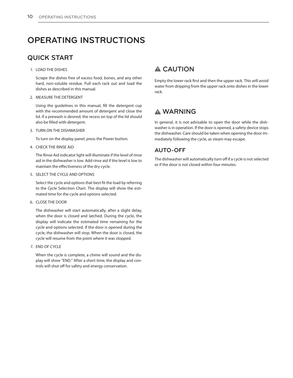 Operating instructions, Quick start, Caution | Warning, Auto-off | LG LDS5540WW User Manual | Page 10 / 80