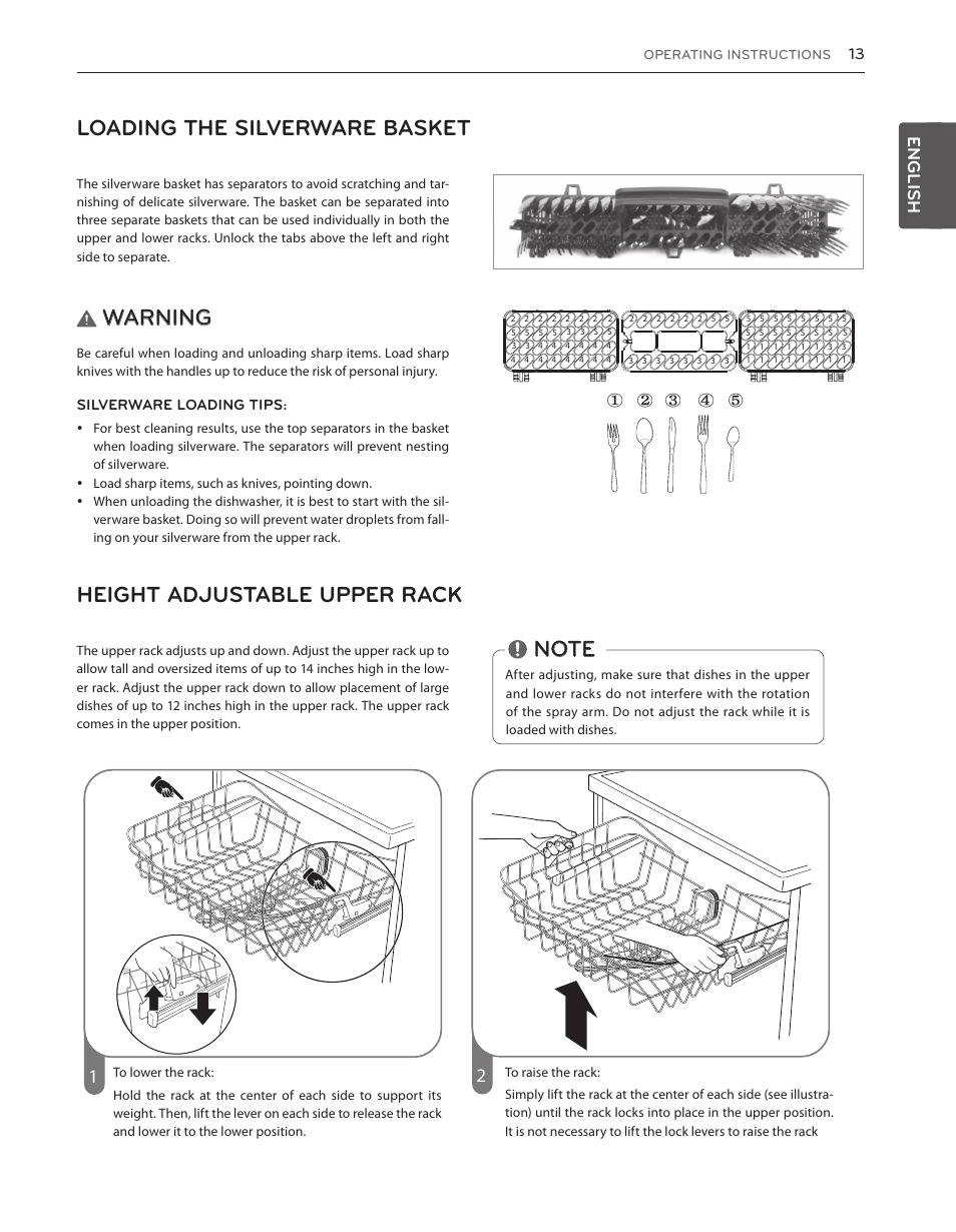 Loading the silverware basket, Warning, Height adjustable upper rack | English | LG LDS5540WW User Manual | Page 13 / 80