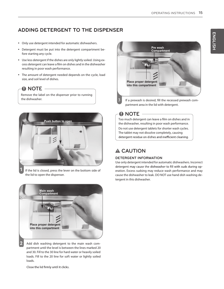 Adding detergent to the dispenser, Caution, English | LG LDS5540WW User Manual | Page 15 / 80