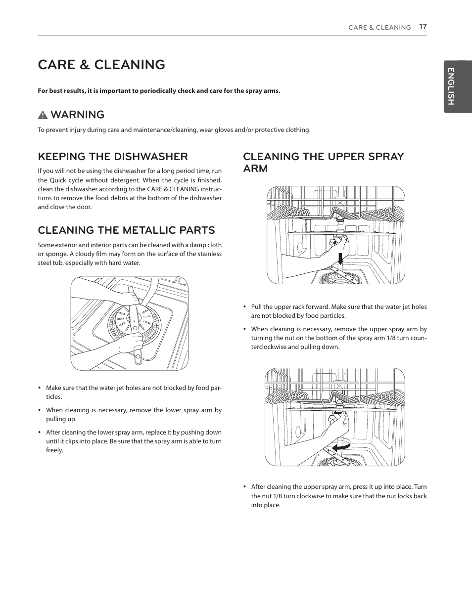 Care & cleaning, Warning, Keeping the dishwasher | Cleaning the metallic parts, Cleaning the upper spray arm | LG LDS5540WW User Manual | Page 17 / 80