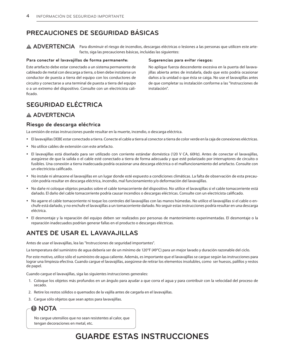 Guarde estas instrucciones, Precauciones de seguridad básicas, Seguridad eléctrica | Antes de usar el lavavajillas, Nota, Advertencia, Riesgo de descarga eléctrica | LG LDS5540WW User Manual | Page 30 / 80