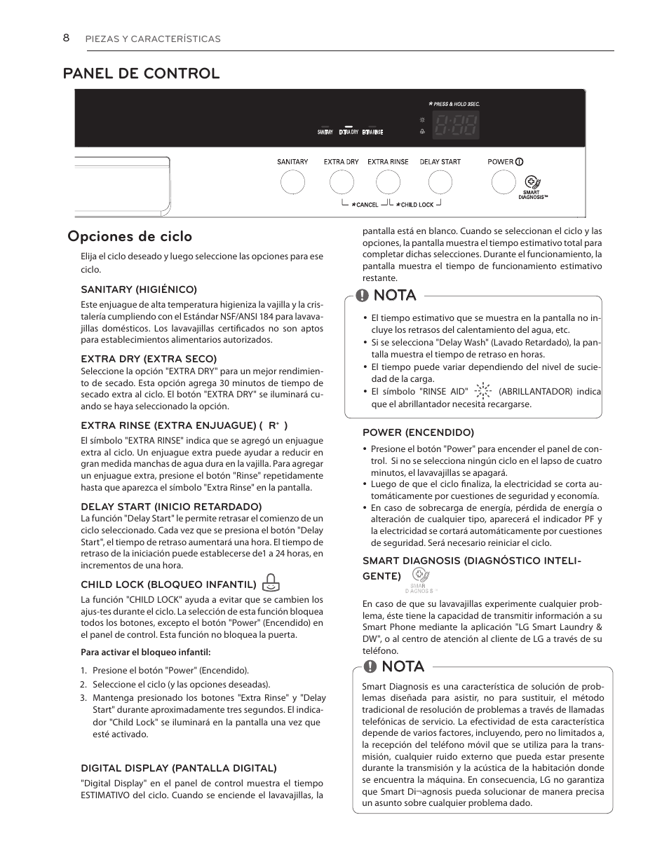 Panel de control opciones de ciclo, Nota | LG LDS5540WW User Manual | Page 34 / 80