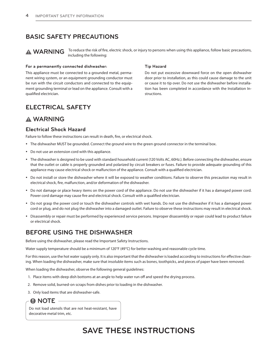 Save these instructions, Basic safety precautions, Warning | Electrical safety, Before using the dishwasher, Electrical shock hazard | LG LDS5540WW User Manual | Page 4 / 80