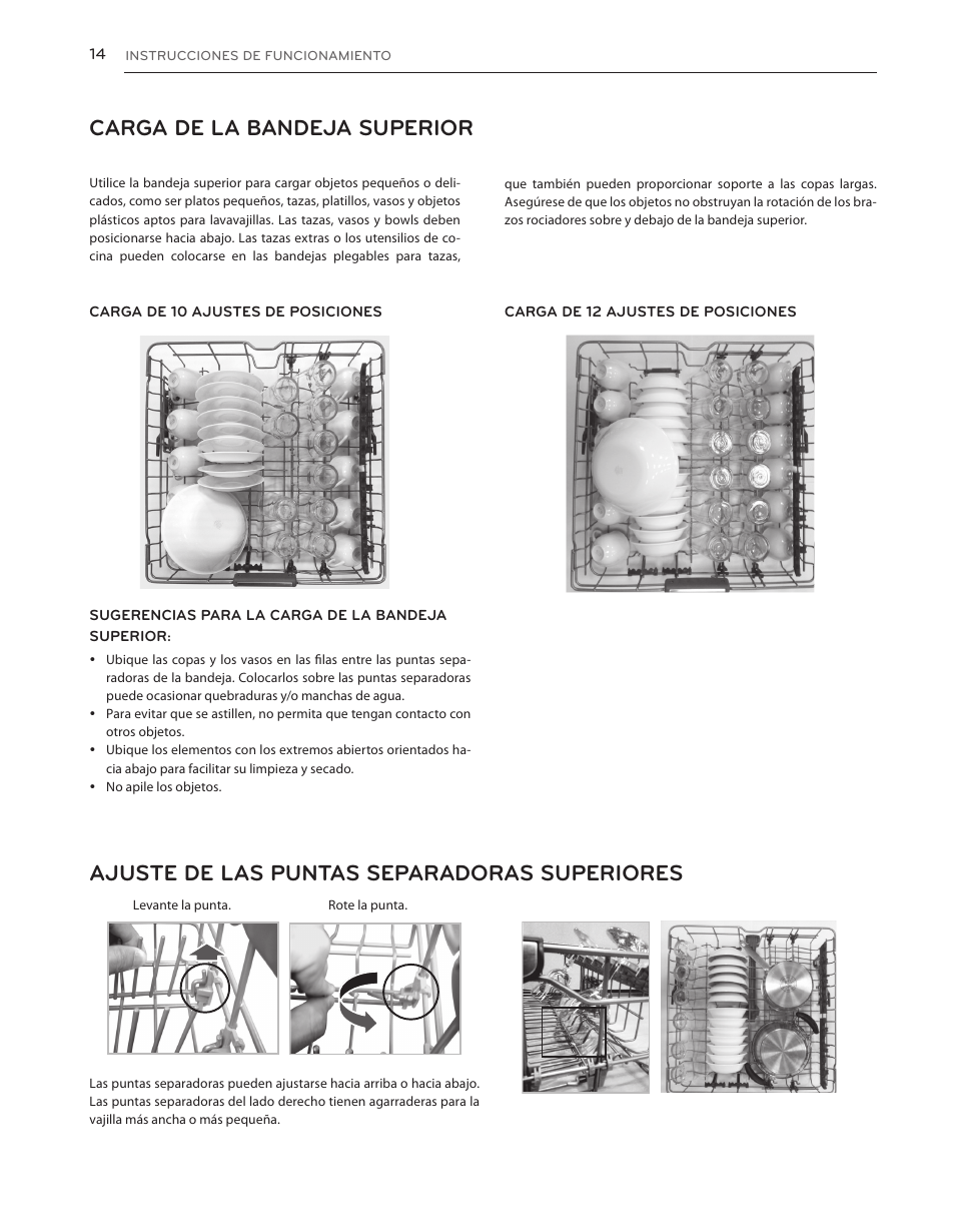 Carga de la bandeja superior, Ajuste de las puntas separadoras superiores | LG LDS5540WW User Manual | Page 40 / 80