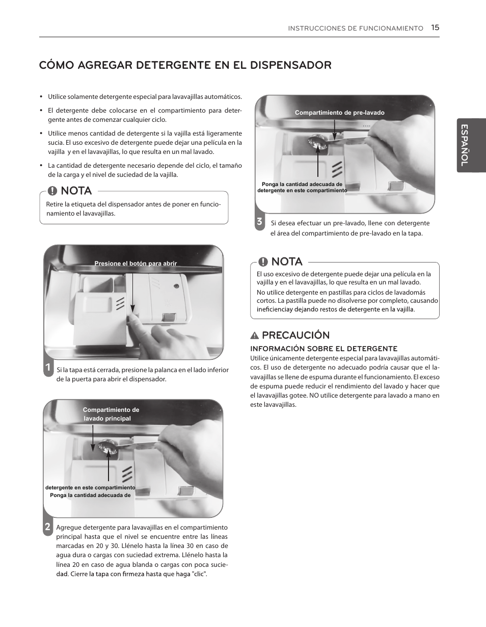 Cómo agregar detergente en el dispensador, Nota, Precaución | Esp añol | LG LDS5540WW User Manual | Page 41 / 80