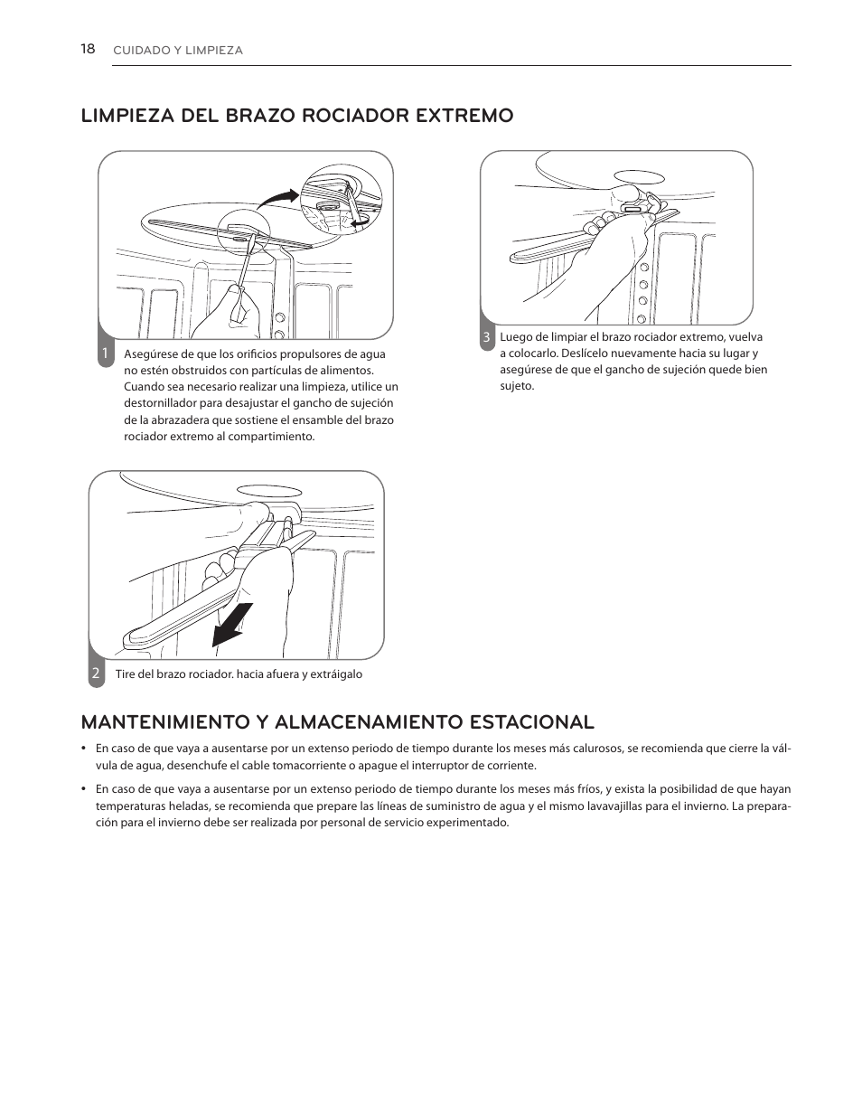 Limpieza del brazo rociador extremo, Mantenimiento y almacenamiento estacional | LG LDS5540WW User Manual | Page 44 / 80