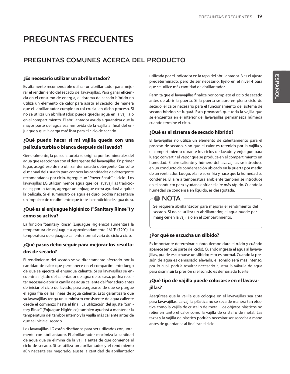 Preguntas frecuentes, Preguntas comunes acerca del producto, Nota | LG LDS5540WW User Manual | Page 45 / 80