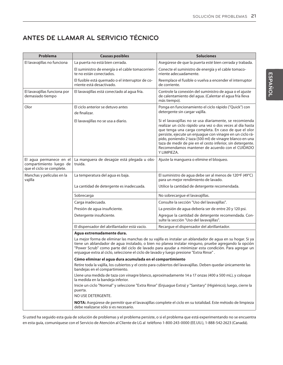 Antes de llamar al servicio técnico, Esp añol | LG LDS5540WW User Manual | Page 47 / 80
